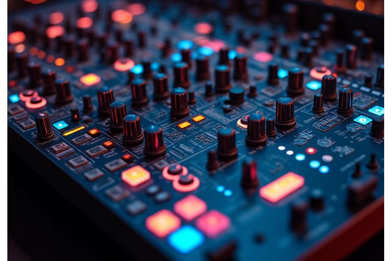 Close-up of a complex modular synthesizer patch