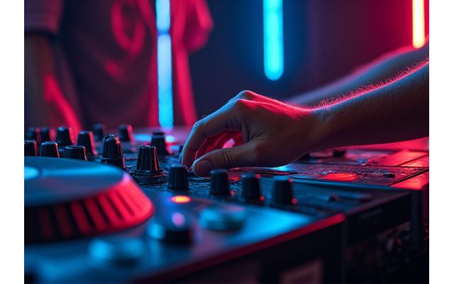 A DJ intensely focused on mixing vinyl records in a dimly lit, atmospheric setting, conveying raw talent.
