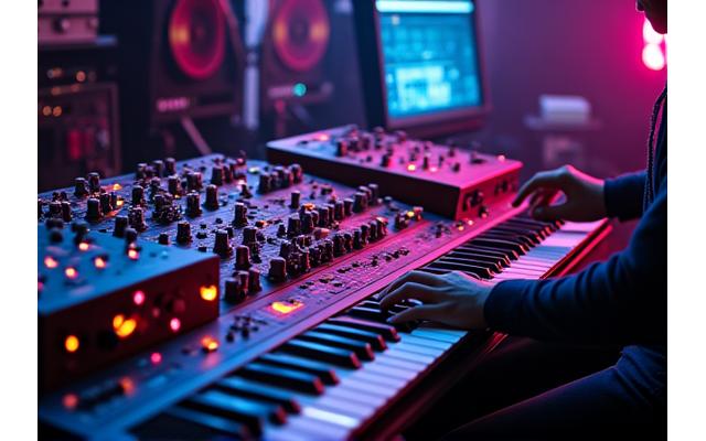A live electronic music performer surrounded by synthesizers and drum machines, bathed in neon light, showcasing a DAWless setup.