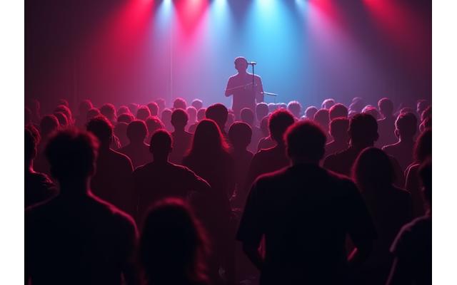 An intimate crowd mesmerized by a musician's live electronic performance, surrounded by ambient lighting, showing deep engagement.