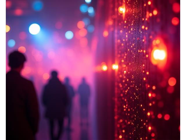 A close-up of intricate, bespoke lighting design creating an intimate, vibrant atmosphere at a small electronic music event.