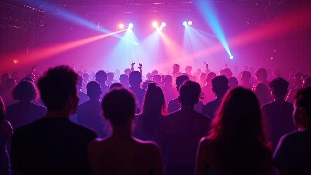 A dynamic, low-light shot of a small, engaged crowd dancing intimately at an exclusive electronic music event, illuminated by neon lights.
