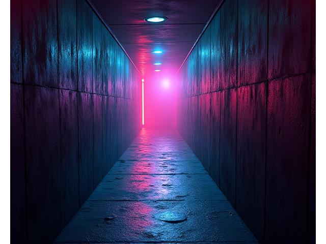 Illuminated pathway leading to a mysterious, hidden underground venue, evoking secrecy and exclusivity. 