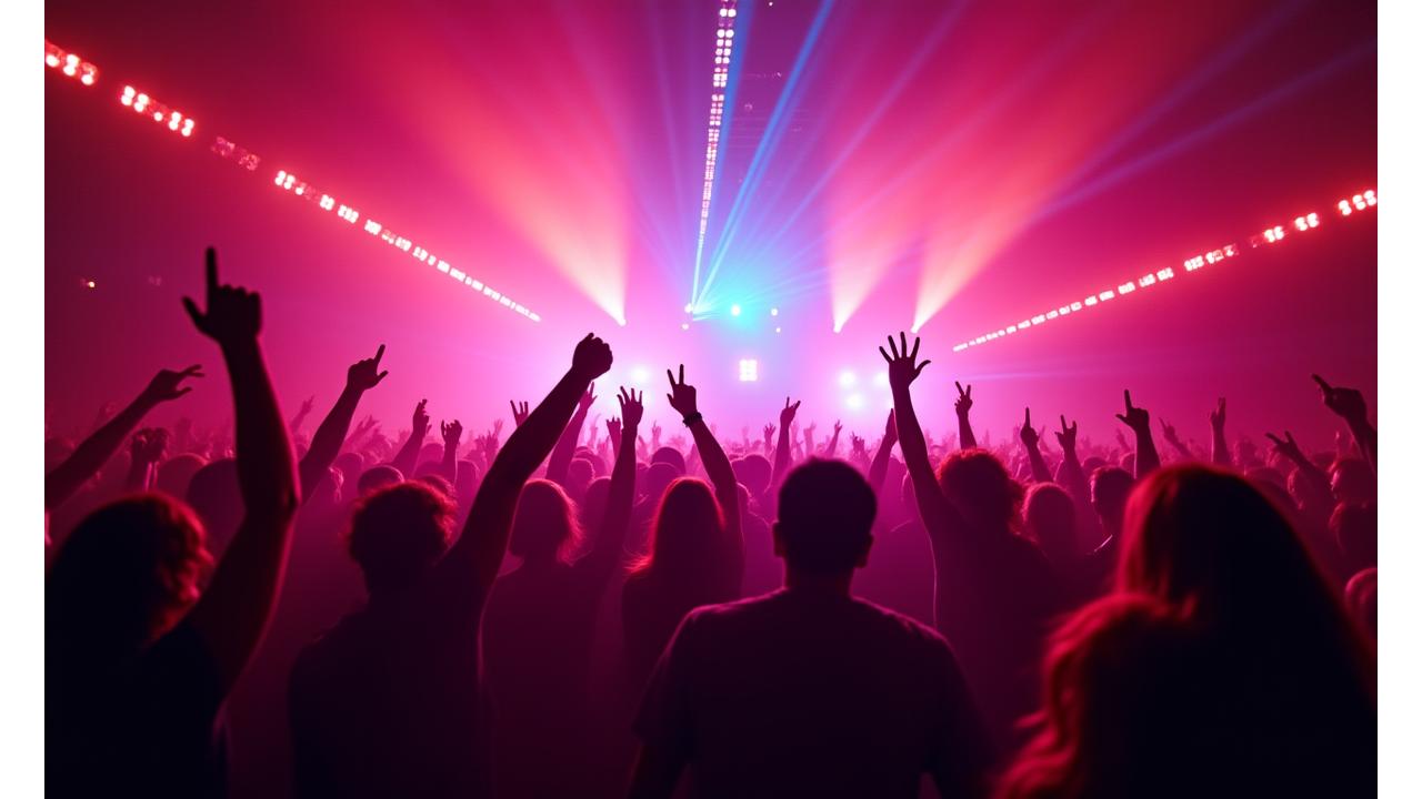 Dynamic electronic music festival crowd with vibrant lights and lasers, symbolizing an unforgettable experience