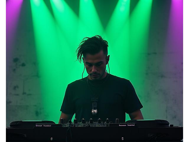 Acid Reign delivering an intense techno set in an underground Los Angeles warehouse, surrounded by a passionate crowd.