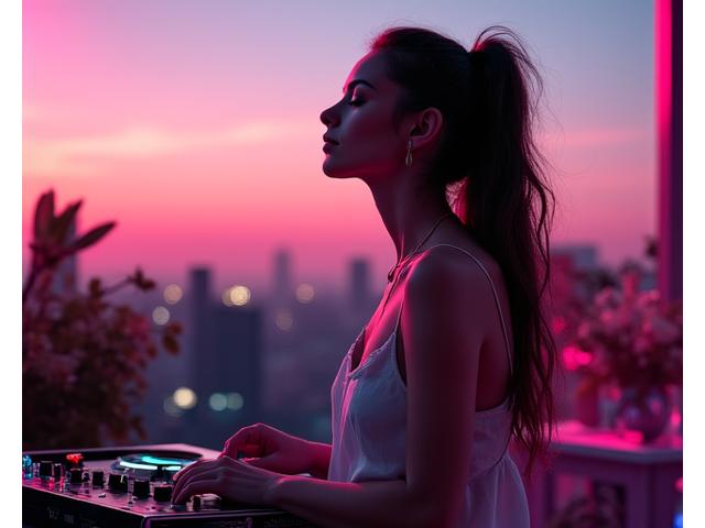 Aura Symphony playing deep house in a sophisticated outdoor lounge at sunset, creating a relaxed, groovy atmosphere.