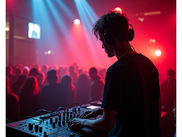 Bass Mechanic performing a high-energy drum & bass set in a dark, industrial venue with strobing lights.