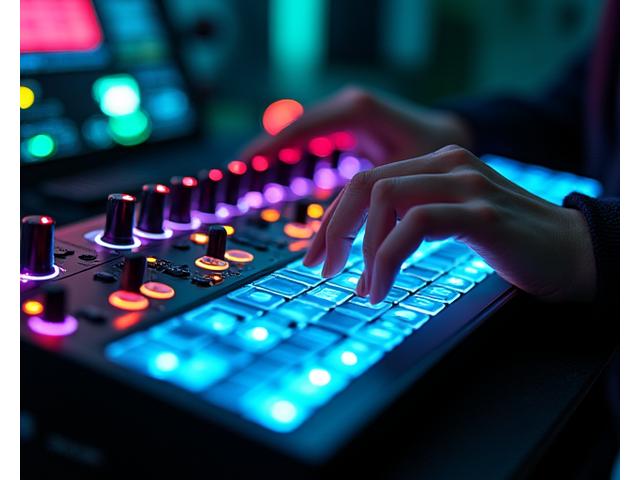 Digital Phantom mixing a complex experimental electronic set in a dimly lit studio, surrounded by modular synthesizers.