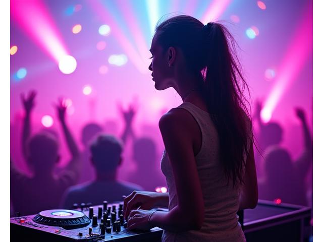 Skyler Nova spinning at a vibrant electronic music festival in Los Angeles, surrounded by neon lights and an energetic crowd.