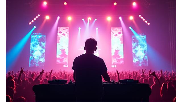 A DJ intensely performing on a vibrant festival stage, surrounded by colorful light beams and energetic crowds, symbolizing expert artist booking and technical production for music festivals.
