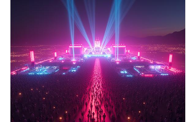 A vibrant aerial shot of Electric Oasis 2023 festival ground at night, showcasing massive crowds, multiple stages, and a stunning light show, with a clear focus on the overall attendee experience.