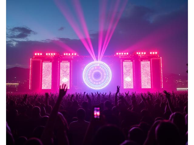 Panoramic view of a vibrant electronic music festival in Los Angeles at sunset, with a massive stage, lasers, and a dancing crowd, symbolizing expert festival planning and immersive experiences.