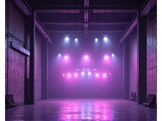A vast, repurposed industrial warehouse with high ceilings and rugged concrete walls, perfectly set up for an underground electronic music rave party.