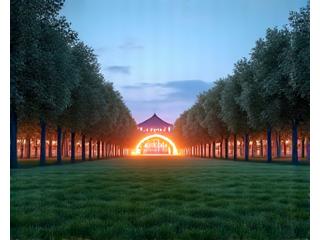 Expansive green park illuminated by colorful festival lights at dusk, ideal for large outdoor electronic music festivals in Los Angeles.