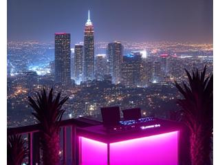 A chic rooftop venue overlooking the Los Angeles skyline at dusk, with neon lights and a small DJ booth, perfect for an intimate electronic music event.
