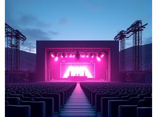 A large, modern amphitheater with tiered seating and a grand stage, ready for a major music festival and showing advanced lighting setups.