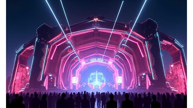 Conceptual 3D rendering of an futuristic festival stage at night with intricate laser patterns and glowing LED screens, illustrating cutting-edge stage design.
