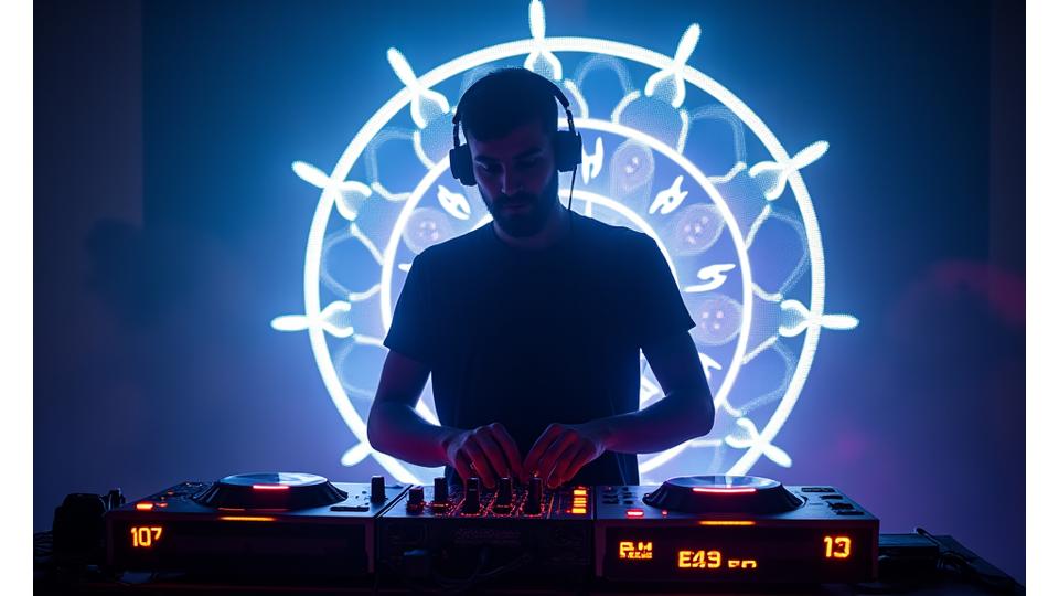 DJ performing a DAWless live set with futuristic AI visualization