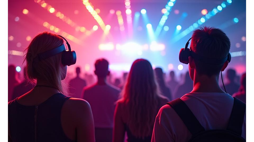 Attendees in a vibrant virtual reality festival environment
