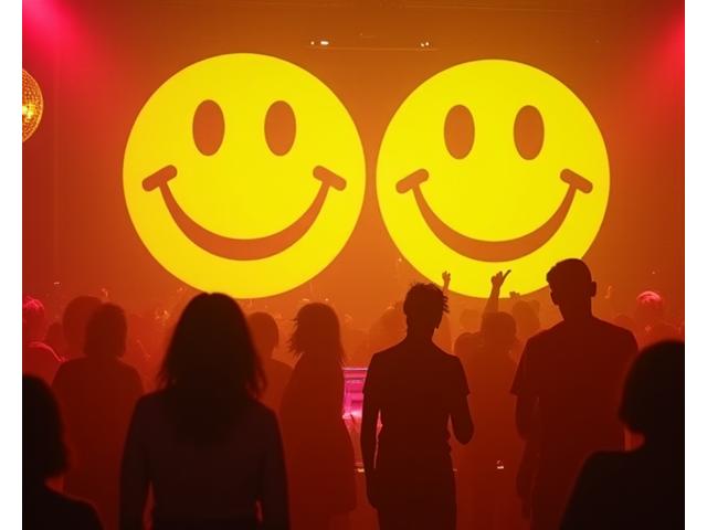Retro acid house rave with classic smiley faces and vibrant 90s era disco lights