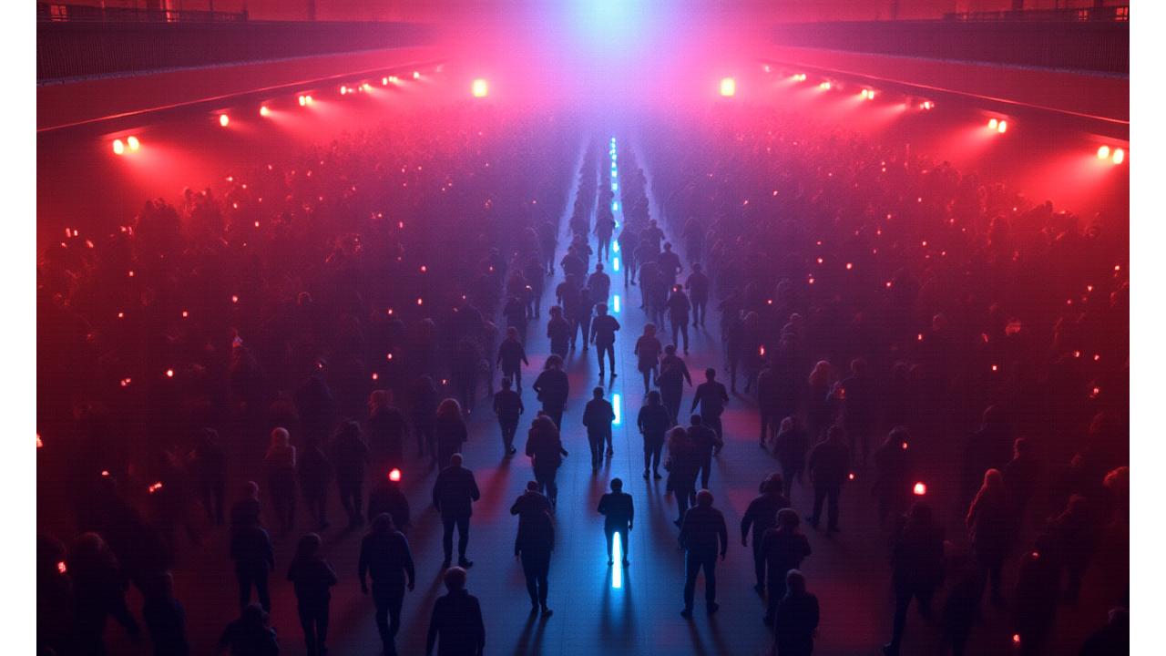 Overhead view of a well-organized rave crowd with subtle holographic safety icons and interactive lighting