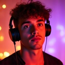 Portrait of DJ Kai, a deep house producer with a soulful expression, bathed in warm orange light