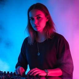 Portrait of DJ Maya, an emerging techno artist, backlit by blue and pink neon lights