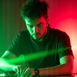 Portrait of DJ Shadowrunner, a drum & bass artist with an intense gaze, highlighted by green laser lights