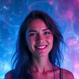 Portrait of DJ Zenith smiling confidently, a psytrance producer surrounded by swirling abstract colors