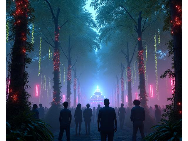 Outdoor forest rave with natural elements and vibrant, otherworldly lighting