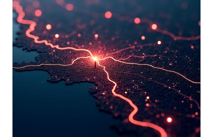 Abstract representation of a secret network of hidden Los Angeles venues with glowing lines connecting points on a dark map