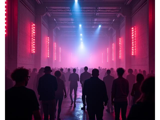 Industrial warehouse rave transformed with advanced lighting and art installations