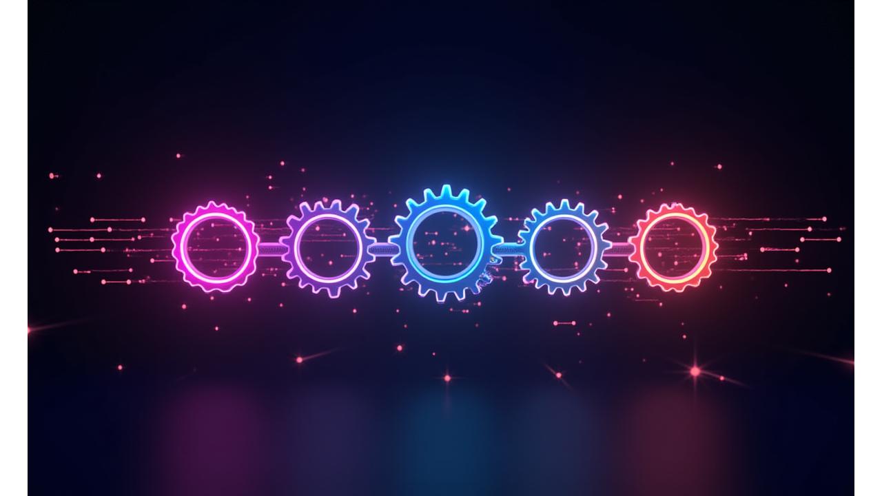 Abstract infographic showing five interconnected gears or nodes, each representing a step in the event production process, glowing with neon colors against a dark background