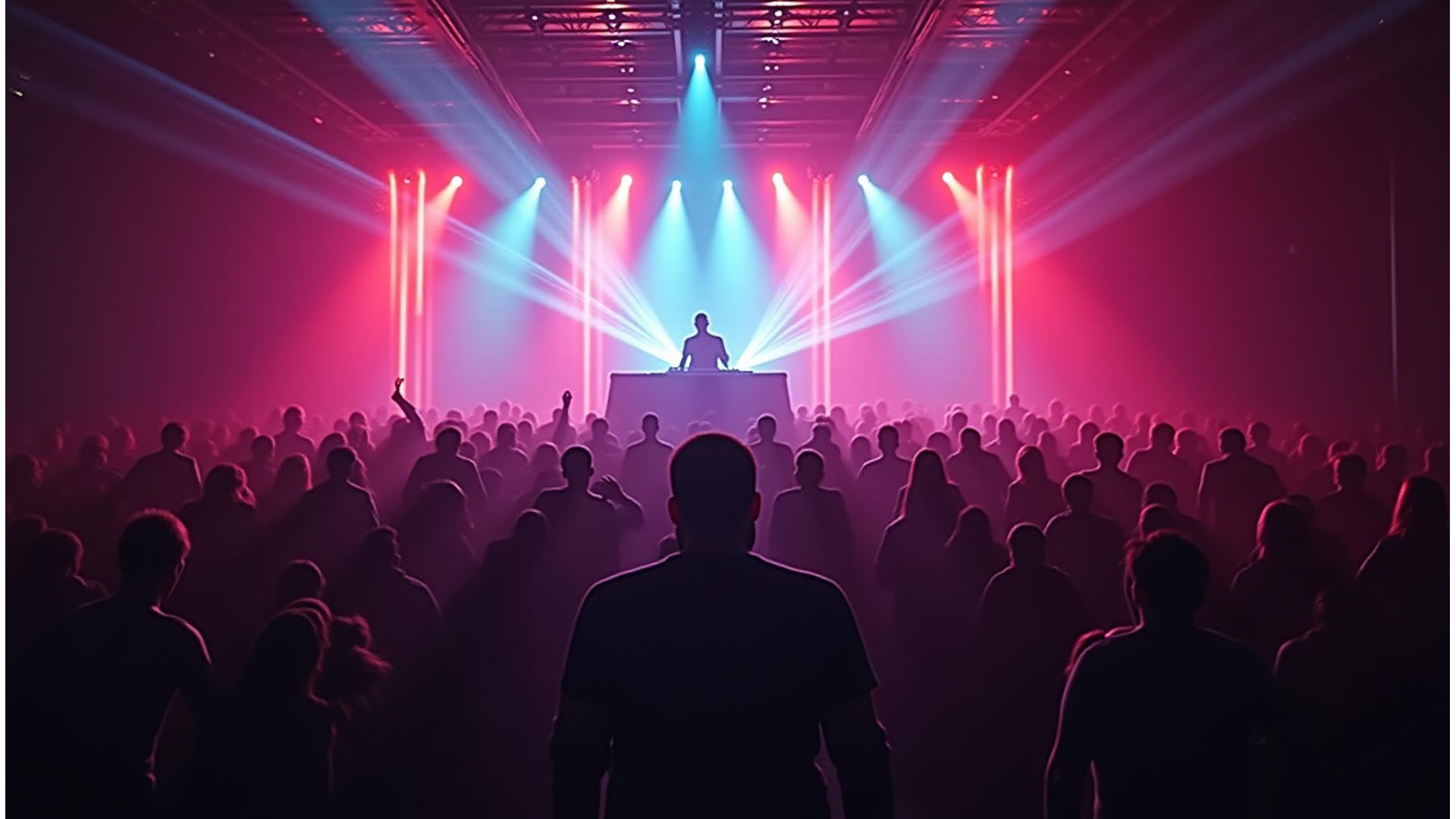 Dynamic underground rave with neon lights and a pumping crowd, capturing high energy