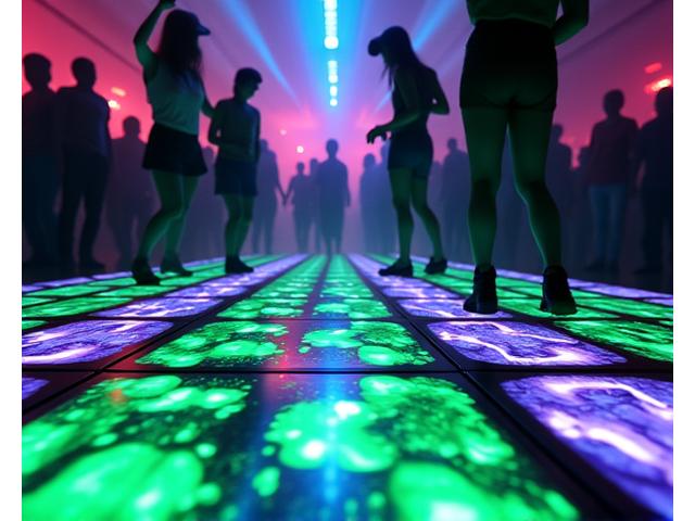 An intimate club setting with intricate, responsive LED floor panels displaying patterns that react to dancer movements, complemented by subtle ceiling lights