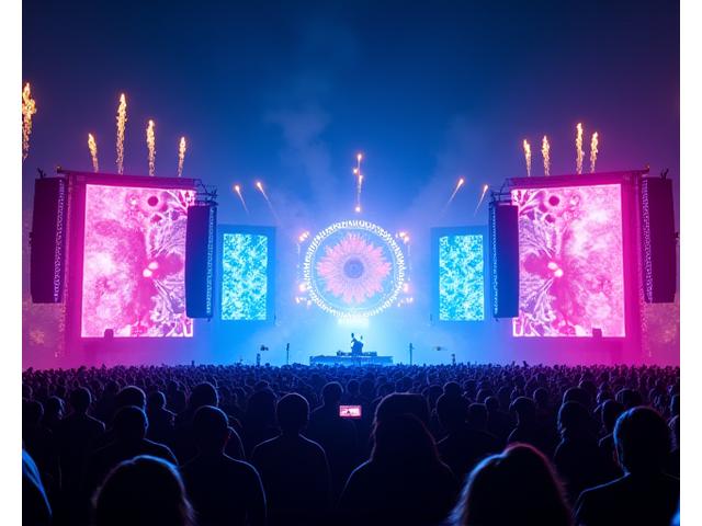 A dazzling main stage at a music festival, featuring an intricate array of synchronized lights, pyrotechnics, and large video screens displaying bespoke visuals