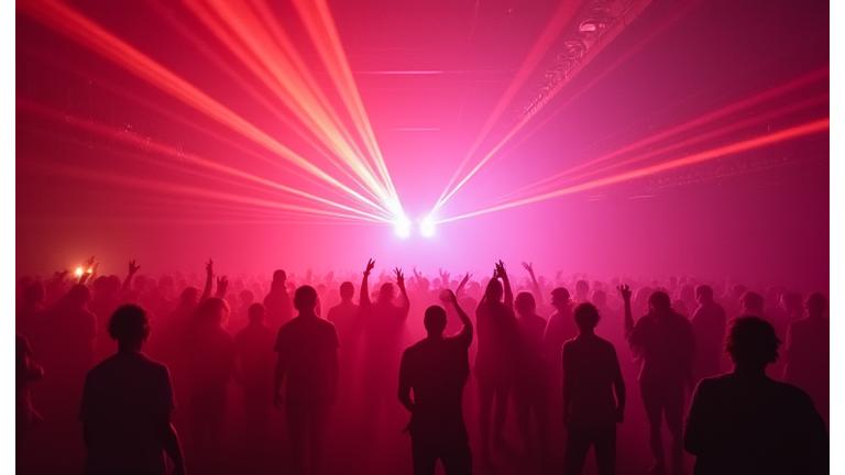 Intense laser beams cutting through a haze-filled dance floor, creating an otherworldly atmosphere at a rave party
