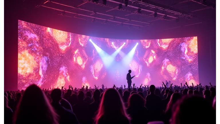 Massive LED video wall displaying vibrant abstract patterns and synchronized visuals at a high-energy electronic music event