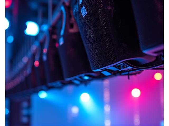 Close-up of a state-of-the-art line array speaker system hanging above a festival stage, showcasing intricate audio components