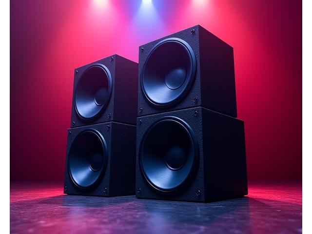 Powerful subwoofers neatly stacked on a stage floor, vibrating slightly with low-frequency energy, highlighting bass delivery