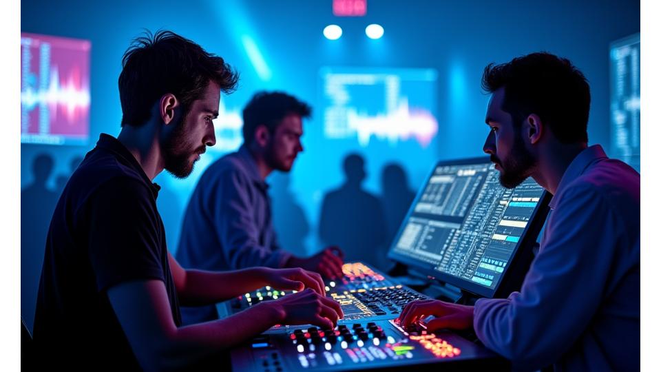 A diverse team of audio engineers and lighting technicians working collaboratively behind the scenes at a large electronic music event, concentrating on mixing consoles and control panels