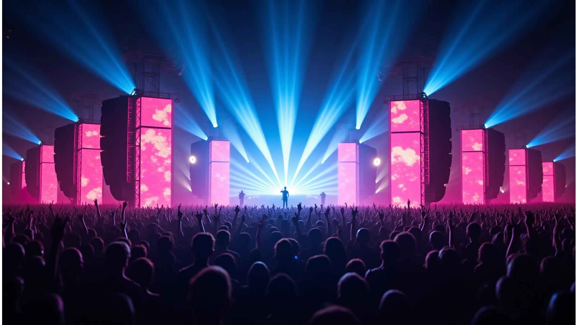 Panoramic view of a massive electronic music festival stage illuminated by dynamic laser light shows and powerful line array speakers, packed with an ecstatic crowd