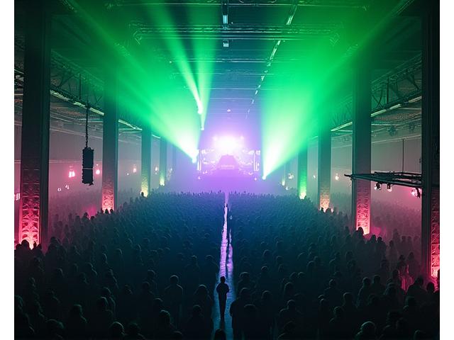 Aerial view inside a repurposed warehouse, bathed in vibrant green and purple lights, with a massive 360-degree sound system setup