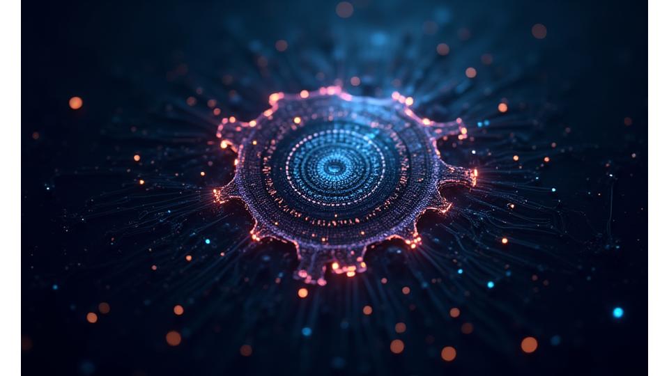 Abstract image of interlocking cybernetic gears and glowing circuits, symbolizing intellectual property protection and complex digital rights management.