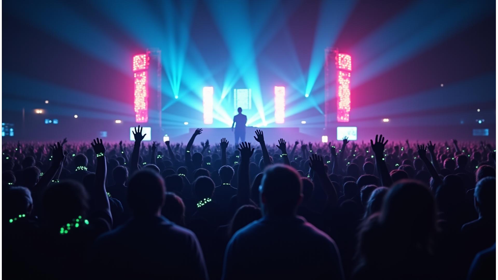 Vibrant concert crowd with glowing digital wristbands and a light show