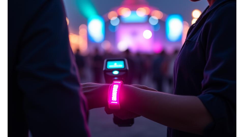 Security staff scanning digital wristbands at an event entrance, with blurred bright lights in the background indicating a live event.
