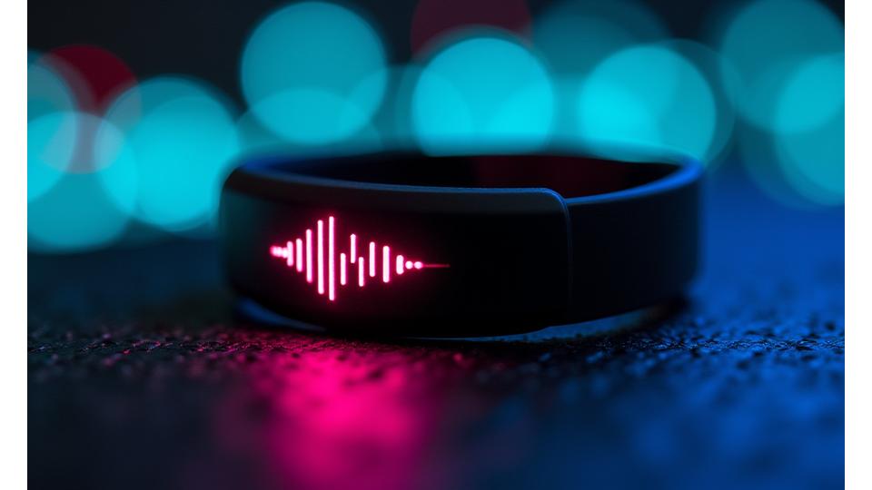 Close-up of a neon-lit digital RFID wristband glowing against a dark, blurred background.