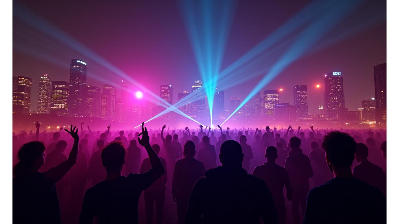 Panoramic view of Los Angeles skyline at night with a vibrant electronic music festival in a hidden rooftop venue, lasers cutting through the sky.