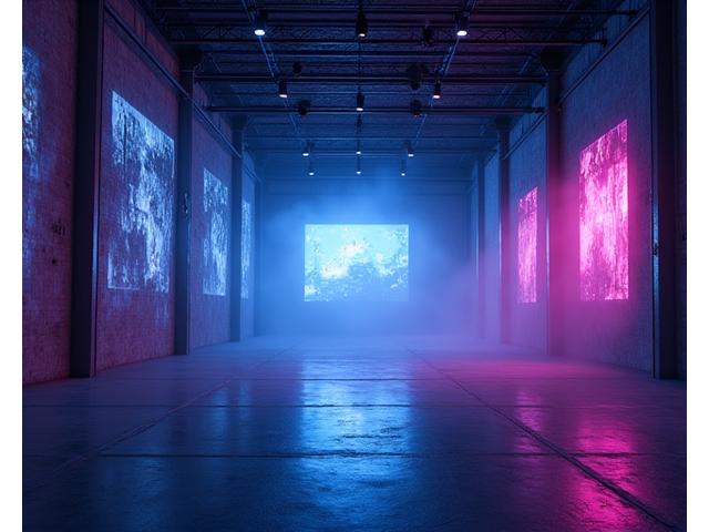 Dark, atmospheric interior of a stripped-down warehouse venue, ready for a rave with subtle lighting and sound equipment.