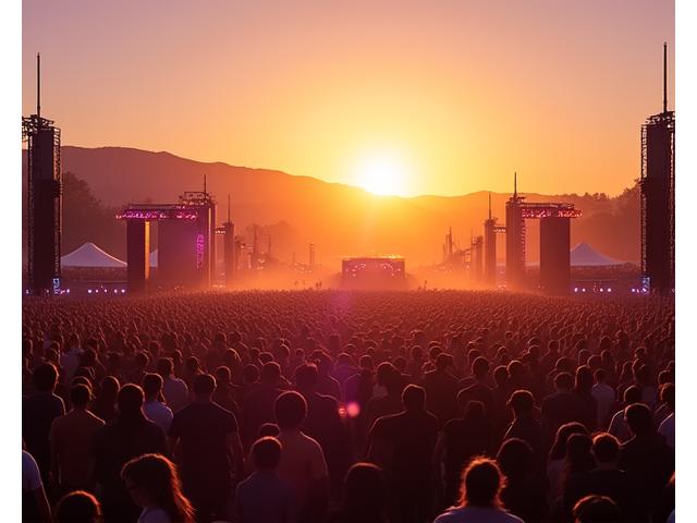 Expansive outdoor festival grounds at golden hour, filled with electronic music enthusiasts and stage lights.